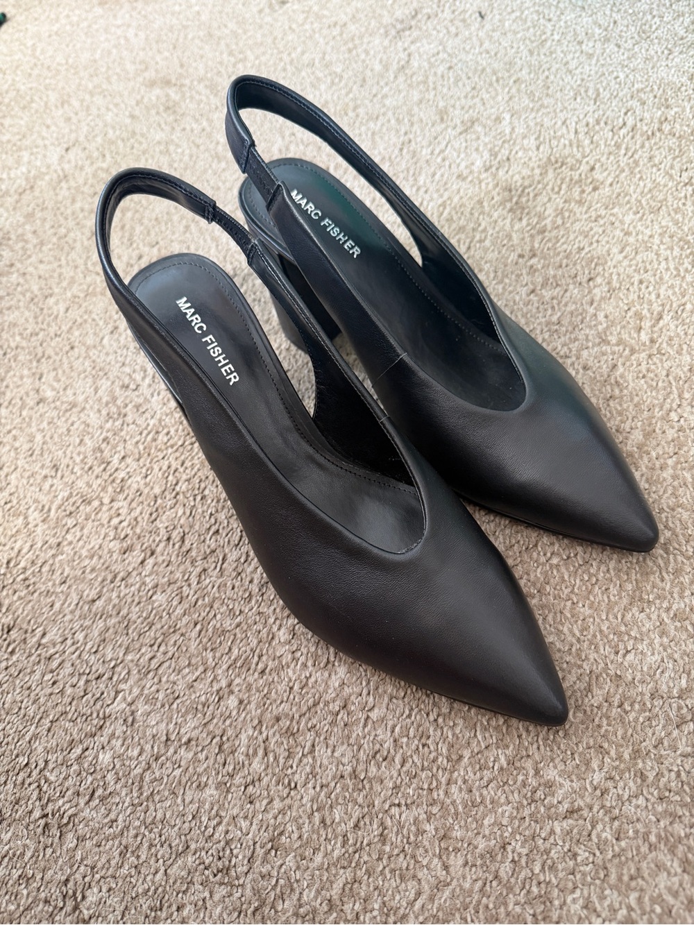 NEW Marc Fisher Black Leather Pointed Slingback Heels